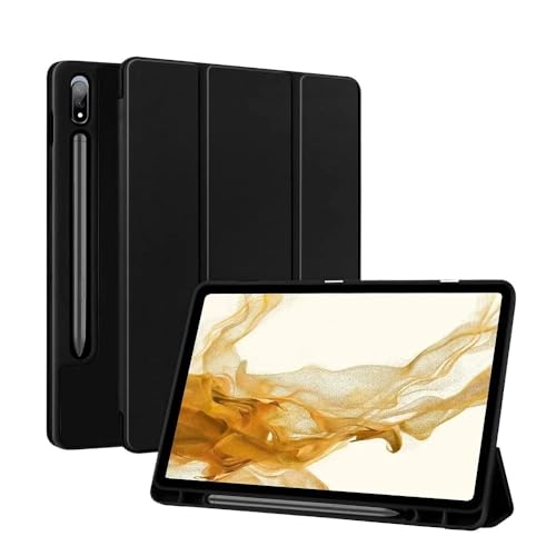 SOENS Tablet-Hülle geeignet for Samsung Galaxy Tab S10 Ultra/S9 Ultra 14,6 Zoll, dreifach Faltbare TPU-Schutzhülle aus weichem Silikon mit Stiftschlitz-Abdeckung(Black,Tab S10 Ultral 14.6) von SOENS
