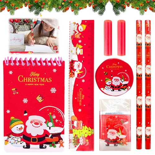 SOETDERT Weihnachten Schreibwaren Set, Schreibwaren Geschenkset für Bleistifte, Radiergummi, Notizblock, Lineal, Anspitzer, Kinder Mitgebsel Weihnachten Geschenk Set für Mädchen und Junge (Rot) von SOETDERT