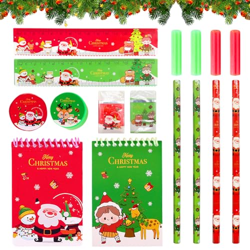 SOETDERT Weihnachten Schreibwaren Set, Schreibwaren Geschenkset für Bleistifte, Radiergummi, Notizblock, Lineal, Anspitzer, Kinder Mitgebsel Weihnachten Geschenk für Mädchen und Junge, 2pcs(Rot+Grün) von SOETDERT