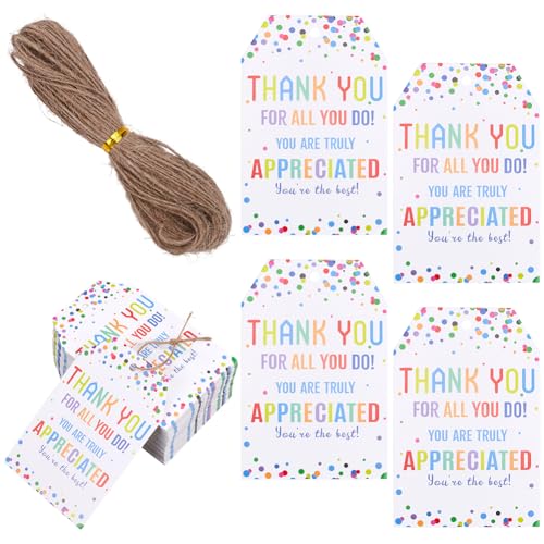 SOFPLATE 1 Box 100 Geschenkanhänger „Danke Für Alles Was Sie Tun“ 3x2" weiße Geschenkanhänger Aus Papier Mit Schnur Buntes Dankeschön Etikett Für Hochzeit Party Mitarbeiter Muttertag Lehrertag Ernteda von SOFPLATE