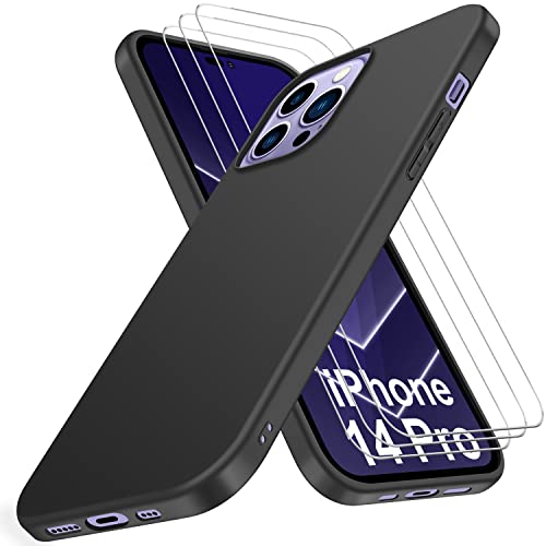 SOGUDE HandyHülle für iPhone 14 Pro Hülle Silikon Case mit 3 Stück Schutzfolie, Dünne WeicheTPU Silikon Stoßfest Schutzhülle, Kratzfeste Rundumschutz Schutzhülle iPhone 14 Pro Hülle, Schwarz von SOGUDE