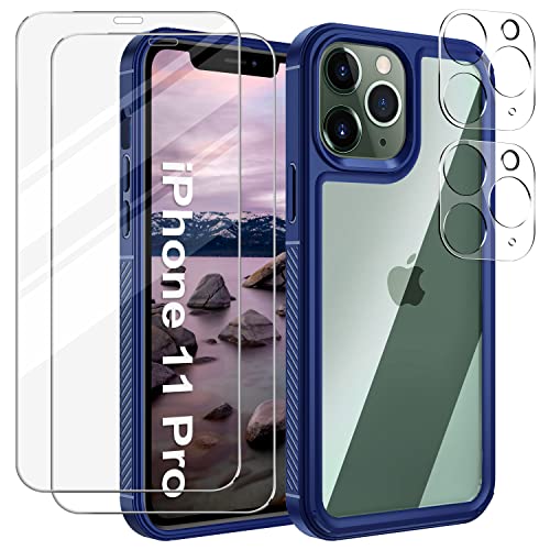 SOGUDE Hülle Kompatibel mit iPhone 11 Pro Handyhülle + 2 Stück Schutzfolie + 2 Stück Kameraschutz, Soft Slim TPU Silikon Hülle iPhone 11 Pro Hinten PC Kratzfest Schutzhülle, 360° Schutz, Blau von SOGUDE