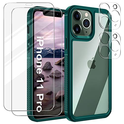 SOGUDE Hülle Kompatibel mit iPhone 11 Pro Handyhülle + 2 Stück Schutzfolie + 2 Stück Kameraschutz, Soft Slim TPU Silikon Hülle iPhone 11 Pro Hinten PC Kratzfest Schutzhülle, 360° Schutz, Grün von SOGUDE