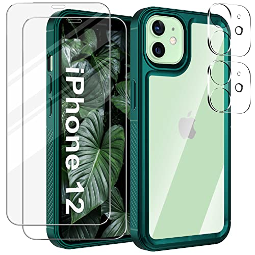 SOGUDE Hülle Kompatibel mit iPhone 12 Handyhülle + 2 Stück Schutzfolie + 2 Stück Kameraschutz, Soft Slim TPU Silikon Hülle iPhone 12 Hinten PC Kratzfest Schutzhülle, 360° Schutz, Grün von SOGUDE