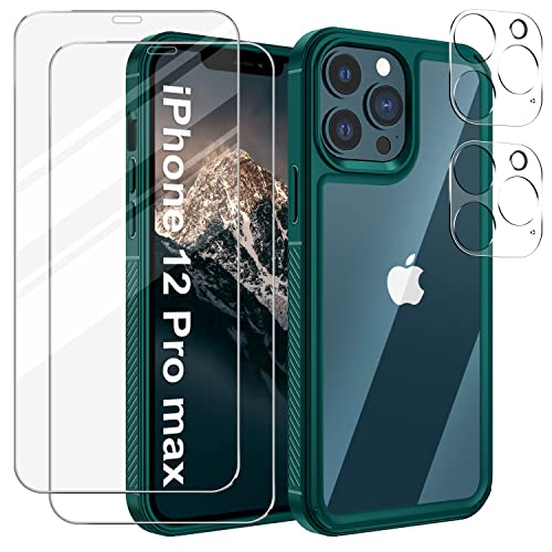 SOGUDE Hülle Kompatibel mit iPhone 12 Pro Max Handyhülle + 2 Stück Schutzfolie + 2 Stück Kameraschutz, Slim TPU Silikon Hülle iPhone 12 Pro Max Hinten PC Kratzfest Schutzhülle, 360° Schutz, Grün von SOGUDE