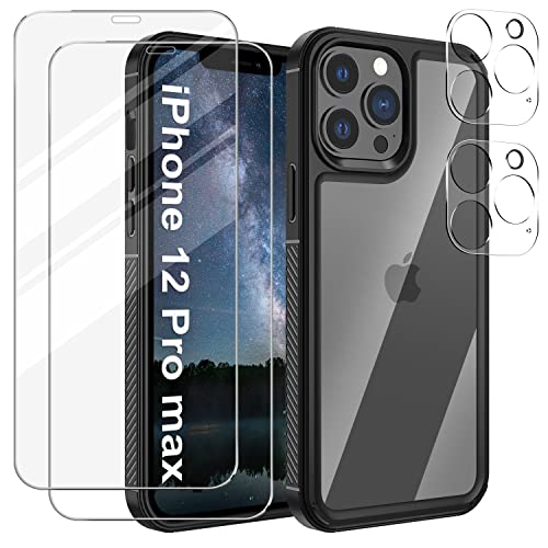 SOGUDE Hülle Kompatibel mit iPhone 12 Pro Max Handyhülle + 2 Stück Schutzfolie + 2 Stück Kameraschutz, Slim TPU Silikon Hülle iPhone 12 Pro Max Hinten PC Kratzfest Schutzhülle, 360° Schutz, Schwarz von SOGUDE