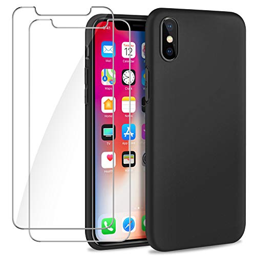 SOGUDE Hülle Kompatibel mit iPhone X/iPhone XS Hülle + 2 Stück Schutzfolie, Weiches TPU Silikon Bumper Handyhülle Schutzhülle Case Cover für iPhone X/iPhone XS - Schwarz von SOGUDE