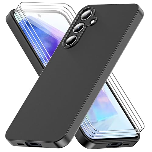 SOGUDE Hülle für Samsung Galaxy A55 5G HandyHülle Silikon Case mit 3 Stück Schutzfolie, Dünne Weiche TPU Silikon Stoßfest Schutzhülle, Kratzfeste Rundumschutz Samsung A55 Hülle, Schwarz von SOGUDE