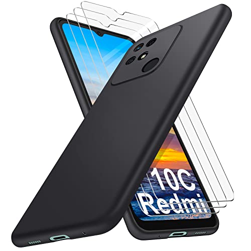 SOGUDE Hülle für Xiaomi Redmi 10C Handyhülle, mit 3 Schutzfolie, Kratzfestigkeit Schutzhülle Xiaomi Redmi 10C Case Soft Slim TPU Silikon Hülle, Schwarz von SOGUDE