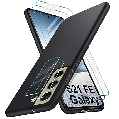 SOGUDE für Samsung Galaxy S21 FE 5G Hülle + 2 Stück Schutzfolie + 2 Stück Kameraschutz, (Non für Samsung S21) TPU Silikon Samsung Galaxy S21 FE 5G Handyhülle 360° Kratzfest Schutzhülle, Schwarz von SOGUDE