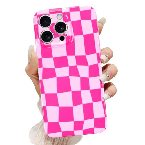 SOKAD Karierte Handyhülle für iPhone 15 Pro Max, süßes Schachbrett-Designer-Cover für Frauen, Mädchen, glänzend, schlank, weich, TPU-Kameraobjektivschutz, stoßfeste Schutzhülle, Hot Pink SOKAD Karierte Handyhülle für iPhone 15 Pro Max, süßes Schachbrett-Designer-Cover für Frauen, Mädchen, glänzend, schlank, weich, TPU-Kameraobjektivschutz, stoßfeste Schutzhülle, Hot Pink von SOKAD