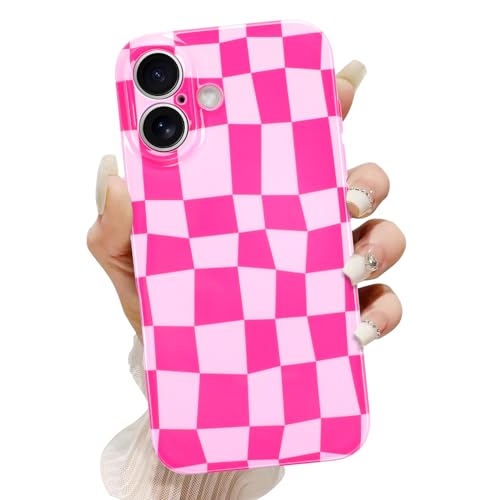 SOKAD Karierte Handyhülle für iPhone 16 Plus, niedliches Schachbrett-Designer-Cover für Frauen, Mädchen, glänzend, schlank, weich, TPU-Kameraobjektivschutz, stoßfeste Schutzhülle, Hot Pink SOKAD Karierte Handyhülle für iPhone 16 Plus, niedliches Schachbrett-Designer-Cover für Frauen, Mädchen, glänzend, schlank, weich, TPU-Kameraobjektivschutz, stoßfeste Schutzhülle, Hot Pink von SOKAD