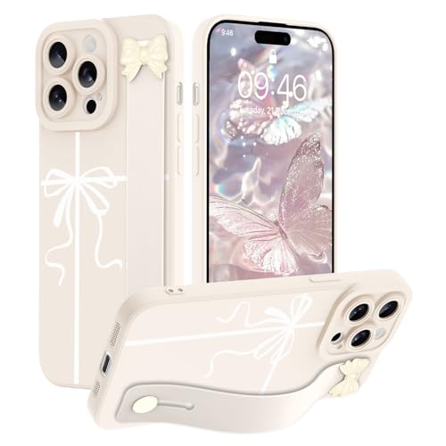 SOKAD Ribbon Bow Handyhülle für iPhone 14 Pro Max mit Handschlaufe, Kickstand, ästhetisches süßes Schleifen-Design mit Armband für Mädchen und Frauen, schlanke weiche Silikon-Kameraschutzhülle, Weiß von SOKAD