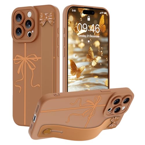 SOKAD Ribbon Bow Handyhülle für iPhone 15 Pro Max mit Handschlaufe, Kickstand, ästhetisches süßes Schleifen-Design mit Armband für Mädchen und Frauen, schlanke weiche Silikon-Kameraschutzhülle, Braun von SOKAD