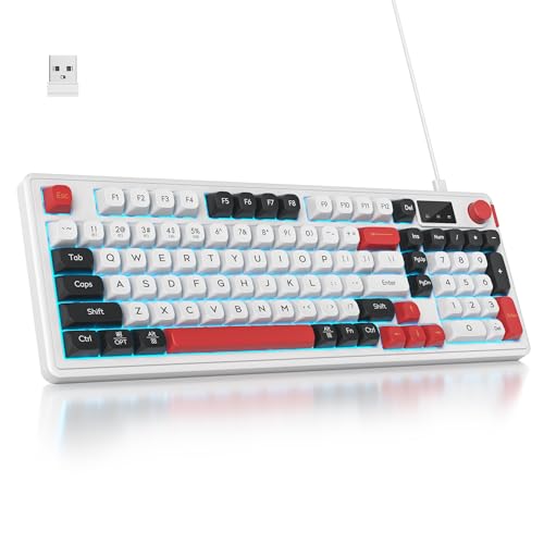 SOLIDEE 96% membran Tastatur kabellos mit Drehknopf,Kabelgebunden/Bluetooth 5.0/2.4GHz Gasket Mount Tastatur&RGB Hintergrundbeleuchtung,98 Tasten mit mechanischem Gefühl und geräuschlos(White) von SOLIDEE
