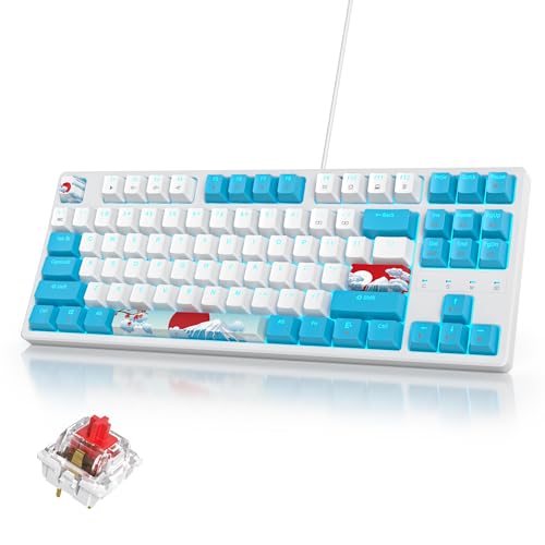 SOLIDEE Tragbare 80% mechanische Gaming-Tastatur,87 Tasten kompakte RGB LED-Hintergrundbeleuchtung,kabelgebundene Tastatur mit USB Kabel,mit linearem roten Schalter für Windows PC Mac(87 Sea) von SOLIDEE
