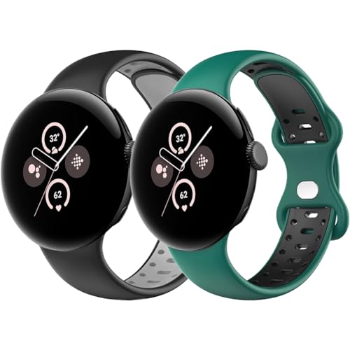 2 Pack Armband kompatibel mit Google Pixel Watch/Pixel Watch 2 Armband,Wasserdichtes Weiches Silikonband Sport Ersatzband Uhrenarmband Atmungsaktives Band für Frau Mann，Schwarz Grau/Dunkelgrün,S von SOLOLUP