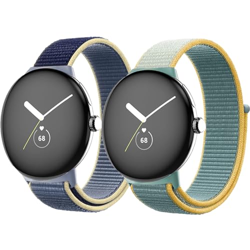 2 Pcs Nylon Armband kompatibel mit Google Pixel Watch 2/1 Armband,Verstellbares Elastisches Sportarmband Dehnbares Ersatzarmband für Google Pixel Watch Uhrenarmband，Eisozeanblau/Sonnenschein von SOLOLUP