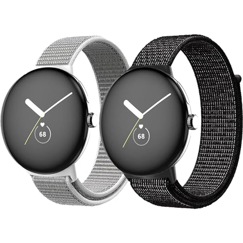 2 Pcs Nylon Armband kompatibel mit Google Pixel Watch 2/1 Armband,Verstellbares Elastisches Sportarmband Dehnbares Ersatzarmband für Google Pixel Watch Uhrenarmband，Reflektierendes Schwarz/Muschel von SOLOLUP