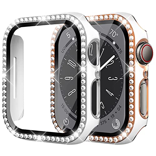 2 Stück Diamond Hülle Kompatibel für Apple Watch Series 6 5 4 SE 40mm Schutzhülle mit Gehärtetem Glas，Harter PC Bumper Bling Case Glitzer Gehäuse für iWatch 40mm Cover,Weiß+Silber/Weiß+Roségold von SOLOLUP