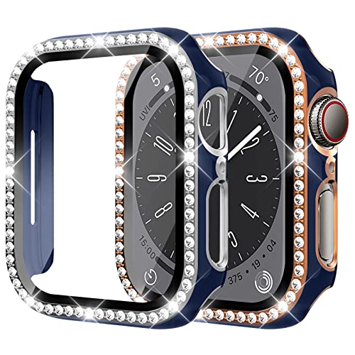 2 Stück Diamond Hülle Kompatibel für Apple Watch Series 9/8/7 41mm Schutzhülle mit Gehärtetem Glas，Harter PC Bumper Bling Case Glitzer Gehäuse für iWatch 41mm Cover，Blau+Silber/Blau+Roségold von SOLOLUP