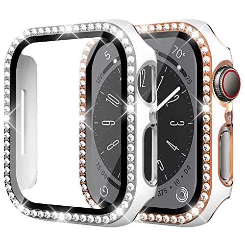 SOLOLUP 2 Stück Diamond Hülle Kompatibel für Apple Watch Series 9/8/7 41mm Schutzhülle mit Gehärtetem Glas,Harter PC Bumper Bling Case Glitzer Gehäuse für iWatch 41mm Cover,Weiß+Silber/Weiß+Roségold SOLOLUP 2 Stück Diamond Hülle Kompatibel für Apple Watch Series 9/8/7 41mm Schutzhülle mit Gehärtetem Glas,Harter PC Bumper Bling Case Glitzer Gehäuse für iWatch 41mm Cover,Weiß+Silber/Weiß+Roségold von SOLOLUP
