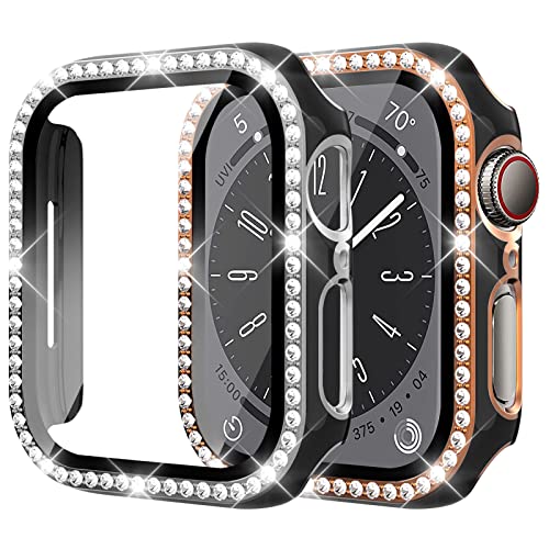 2 Stück Diamond Hülle Kompatibel für Apple Watch Series 9/8/7 45mm Schutzhülle mit Gehärtetem Glas，Harter PC Bumper Bling Case Glitzer Gehäuse für iWatch 45mm Cover，Schwarz+Silber/Schwarz+Roségold von SOLOLUP