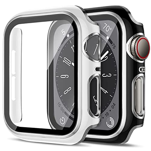 2 Stück Harte PC Hülle für Apple Watch Serie 6 5 4 SE 40mm Gehäuse mit Gehärtetem Glas,Anti-Kratz Bumper Absturzsicherung Vollständiger Schutzhülle für iWatch 40mm Cover，Schwarz&Silber/Weiß&Silber von SOLOLUP