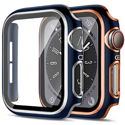 2 Stück Harte PC Hülle für Apple Watch Serie 6 5 4 SE 44mm Gehäuse mit Gehärtetem Glas,Anti-Kratz Bumper Absturzsicherung Vollständiger Schutzhülle für Apple Watch 44mm Cover，Blau&Rosegold/Blau&Silber von SOLOLUP
