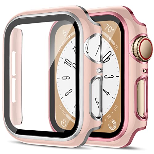 2 Stück Harte PC Hülle für Apple Watch Serie 6 5 4 SE 44mm Gehäuse mit Gehärtetem Glas,Anti-Kratz Bumper Absturzsicherung Vollständiger Schutzhülle für Apple Watch 44mm Cover，Rosa&Rosérosa/Rosa&Silber von SOLOLUP