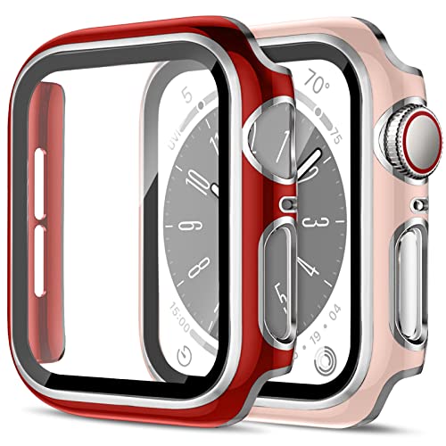 2 Stück Harte PC Hülle für Apple Watch Serie 9/Serie 8/Serie 7 41mm Gehäuse mit Gehärtetem Glas,Anti-Kratz Stürze Vollschutz Schutzhülle Bumper für Apple Watch 41mm Cover，Rosa&Silber/Rot&Silber von SOLOLUP