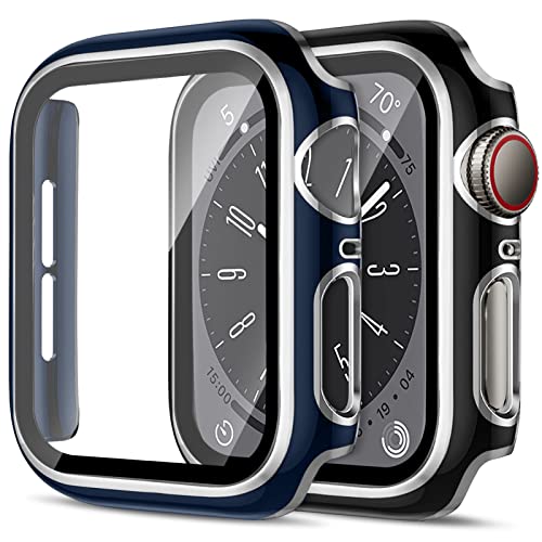 2 Stück Harte PC Hülle für Apple Watch Serie 9/Serie 8/Serie 7 45mm Gehäuse mit Gehärtetem Glas,Anti-Kratz Stürze Vollschutz Schutzhülle Bumper für Apple Watch 45mm Cover，Schwarz&Silber/Blau&Silber von SOLOLUP