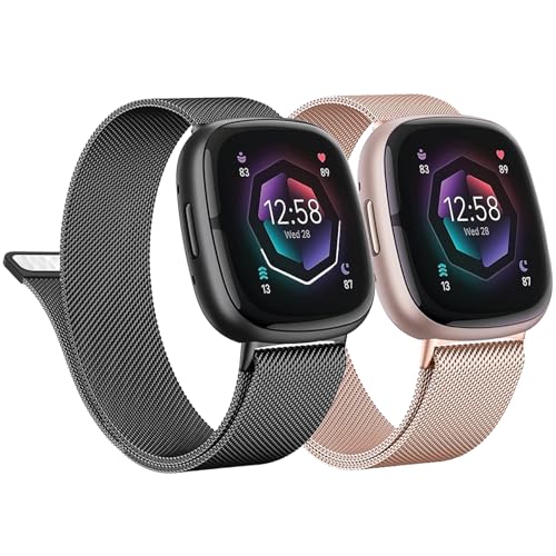 2 Stück Metall Armband für Fitbit Versa 3/Versa 4/Sense 2,Edelstahlarmband Sport Ersatzband Uhrenarmband aus Edelstahl mit Magnetschließe für Fitbit Versa 4/3/Sense 2 Smartwatch，Schwarz/Roségold，S von SOLOLUP