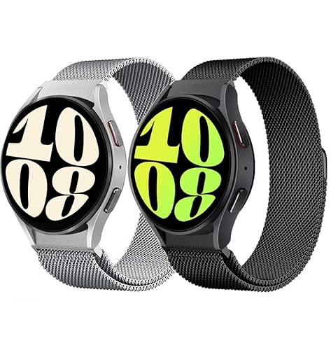 2 Stück Metall Armband für Samsung Galaxy Watch 6/5/4 40mm 44mm/Watch 6 Classic 43mm 47mm/Watch 5 Pro 45mm/4 Classic 42 46mm,Keine Lücke Mesh Edelstahl Metall Magnetische Armbänder,Schwarzes/Silber von SOLOLUP