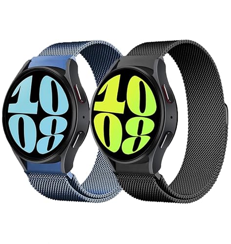 2 Stück Metall Armband für Samsung Galaxy Watch 6/5/4 40mm 44mm/Watch 6 Classic 43mm 47mm/Watch 5 Pro 45mm/Watch 4 Classic 42 46mm,Keine Lücke Mesh Edelstahl Metall Magnetische Armbänder,Blau Schwarz von SOLOLUP