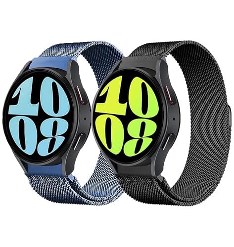 2 Stück Metall Armband für Samsung Galaxy Watch 6/5/4 40mm 44mm/Watch 6 Classic 43mm 47mm/Watch 5 Pro 45mm/Watch 4 Classic 42 46mm,Keine Lücke Mesh Edelstahl Metall Magnetische Armbänder,Blau Schwarz von SOLOLUP