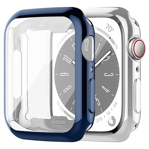 2 Stück Schutzhülle kompatibel mit Apple Watch Series 9/8/7 45mm Hülle，Weiche TPU Cover Vollschutz HD Schutzfolie Protection Case Stoßfest Schutzhülle für iWatch 45mm Case，Dunkelblau/transparent von SOLOLUP