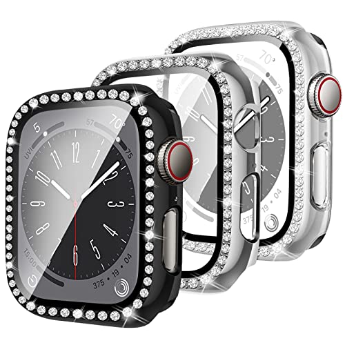 3 Stück Diamant Hülle für Apple Watch Series 6/5/4/SE 40mm，Glitzer Gehäuse Hartes PC Schutzfall mit Gehärtetes Glas Kratzfest Schutzhülle Bumper Bling Cover für iWatch 40mm，Schwarz+Silber+Transparenz von SOLOLUP