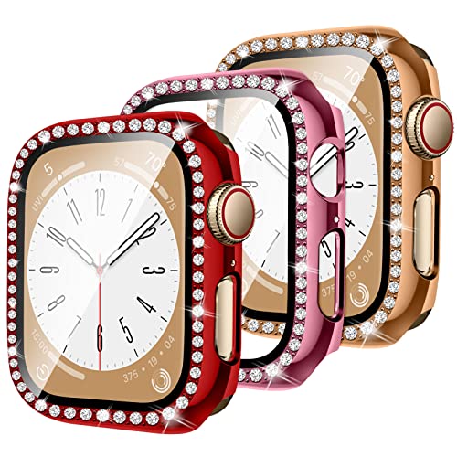3 Stück Diamant Hülle für Apple Watch Series 6/5/4/SE 40mm，Glitzer Gehäuse Hartes PC Schutzfall mit Gehärtetes Glas Kratzfest Schutzhülle Bumper Bling Cover für iWatch 40mm，Rosenpulver+Roségold+Rot von SOLOLUP