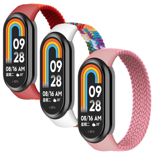 3 Stück Geflochtenes Solo Loop Armband für Xiaomi Mi Band 8 Damen Herren, Verstellbare Elastisch Uhrenarmband Nylon Sport Ersatz Armband für Xiaomi Band Mi Band 8 Armband,Regenbogen/Pink/Rot,M von SOLOLUP