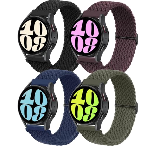 4 Pack Nylon Geflochtene Uhrenarmband für Samsung Galaxy Watch 6/6 Classic/5/5 Pro/4/4 Classic/3 41mm/Active 2,20mm Elastisch Einstellbar Sportband für Männer Frauen,Schwarz/Kirsche/Dunkelblau/Grün von SOLOLUP