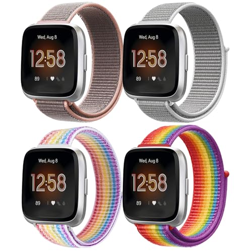 4 Stück Nylon Armband kompatibel mit Fitbit Versa/ Versa 2 Armband，Weicher Nylonband Solo Loop Sport Ersatzband Elastisch Atmungsaktives Uhrenarmband für Fitbit Versa 2/Versa Smartwatch Frau Mann von SOLOLUP