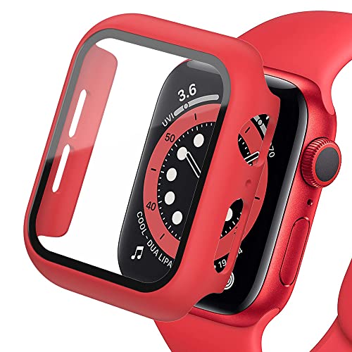 SOLOLUP Displayschutz Kompatibel für Apple Watch Case 45mm 44mm 42mm 41mm 40mm 38mm, Hard PC Case mit HD Displayschutzfolie aus Gehärtetem Glas für iWatch Series 9 8 7 6 SE 5 4 3 2 1, Rot42mm von SOLOLUP