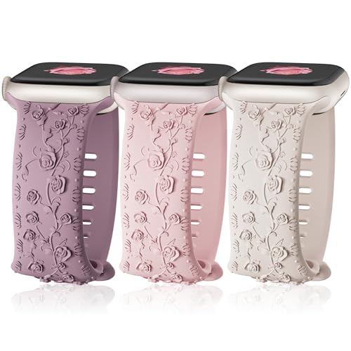 Floral Gravierte Armbänder für Apple Watch Armband 40mm 41mm 44mm 45mm 38mm 42mm 49mm Damen,Weiches Silikon Elegantem Rosenmuster Ersatz armband für iWatch Ultra 2/Ultra Series 9 8 7 6 5 4 3 2 1,SE von SOLOLUP