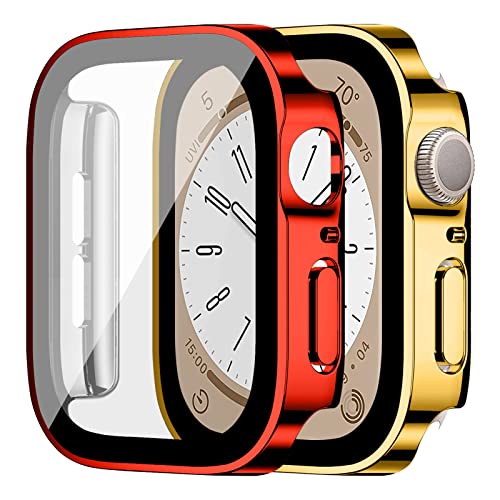 Gehäuse für Apple Watch Series 9/Series 8/Series 7 41mm, Kratzfestes und HD Clear PC Gehäuse mit Bildschirmschutz für iwatch Series 9 8 7 41mm[2 Stück], Rot + Gold von SOLOLUP
