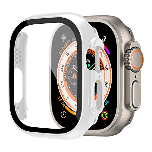 Hülle Mit Displayschutzfolie aus Gehärtetem Glas, Kompatibel für Apple Watch Ultra 49 mm, Sturzsichere PC-Schutzhülle Mit Vollständiger Abdeckung für iWatch Ultra 49mm,Weißer von SOLOLUP