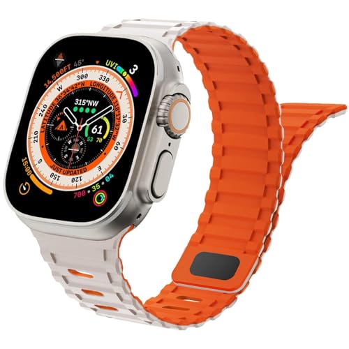 Magnetisches Uhrenarmband für Apple Watch Armbänd 49mm 45mm 44mm 42mm，Weiches Silikon Sport Loop Magnet Ersatzarmband für iWatch Ultra 2 Series 9/8/7/6/5/4/3/2/SE,Sternenlicht mit Orange，42 44 45 49mm von SOLOLUP