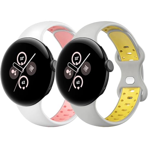 SOLOLUP 2 Pack Armband kompatibel mit Google Pixel Watch/Pixel Watch 2 Armband,Wasserdichtes Weiches Silikonband Sport Ersatzband Uhrenarmband Atmungsaktives Band für Frau Mann，Weiß Rosa/Grau Gelb,L von SOLOLUP