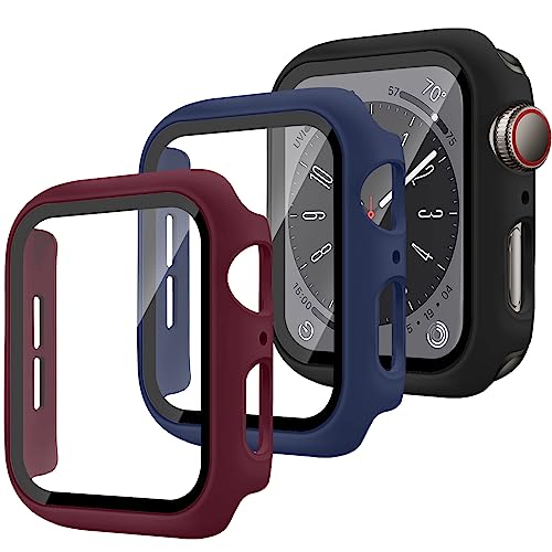 SOLOLUP 3 Stück Hülle für Apple Watch Series 9/Series 8/Series 7 45mm Schutzhülle，Hard PC Gehärtetes Glas Rundum Displayschutz für Apple Watch 45mm Schutzhülle，Weinrot/Mitternachtsblau/Schwarz von SOLOLUP