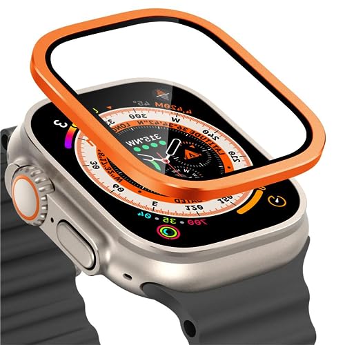 Screenschutz für Apple Watch Ultra 49mm,Hard [Anti-Scratch] Tempered Glass Protective Cover für IWatch-Serie Ultra,Blasenfrei, [Metallrahmen] Film,Orange,49mm von SOLOLUP